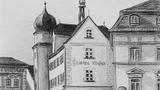 Bleistiftzeichnung einer historischen Ansicht des Mittertors